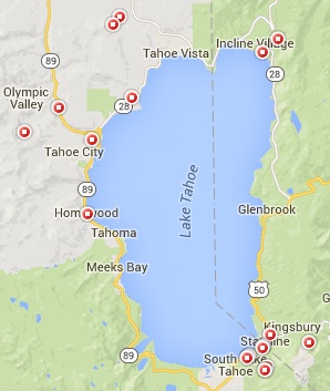 Tahoe Senior Ski Deals focuses on 16 resorts ringing the big lake. Credit: Google Maps