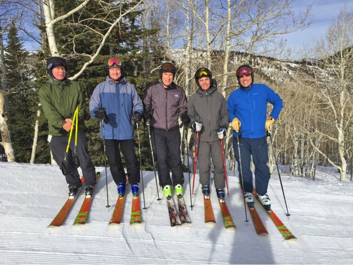 Pat McCloskey's gang of life-long ski buddies. This lucky bunch of seniors meets yearly for Big Skiing. Credit: Pat McCloskey