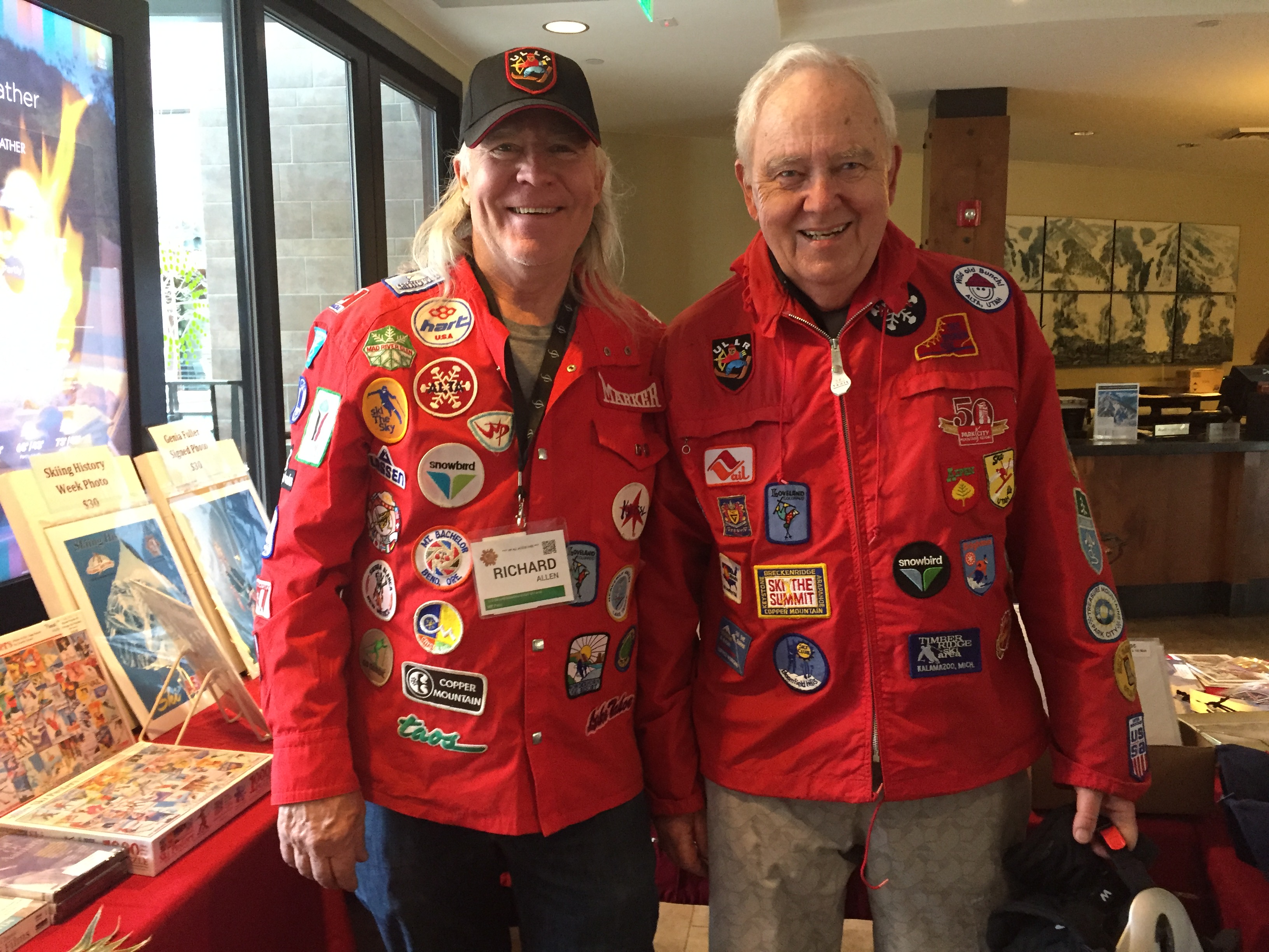 Author compares patches with Richard Allen of Vintage Ski World . Credit: Jan Brunvand
