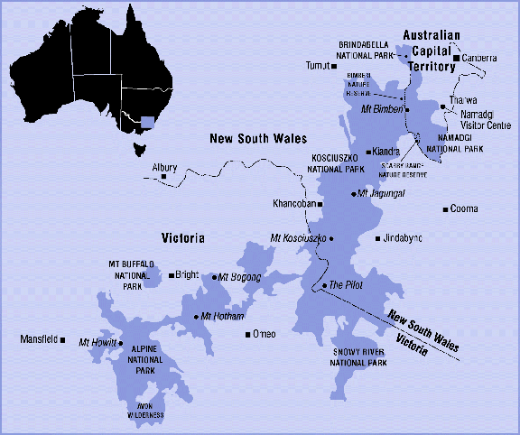 Ozzie ski resorts are clustered in the southeastern states: Victoria and New South Wales Credit: Wikipedia Commons