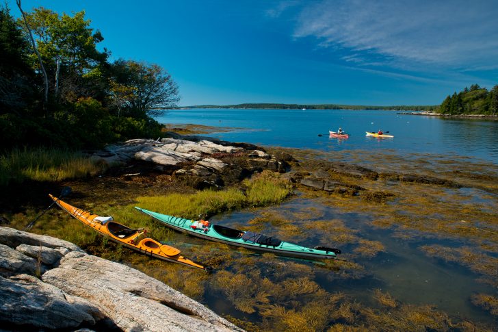 Dick Gilbane (rowing) and Kristen Roos (paddling) pass Little Ram Island in the Sheepscot River. Credit: Tamsin Venn
