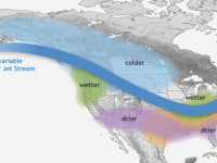 La Nina impact how the jet stream bends over the Pacific.  Here's NOAA's prediction as of end of Oct.
Credit: NOAA NWS