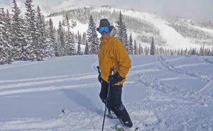 Ski Guide Peter McCarville, who lives in western Colorado, assumes a pose at Snowmass. Credit: Peter McCarville