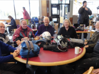The Wild Old Bunch meets daily at the only round table in Alf's, mid-mountain at Alta.   Photo Harriet Wallis